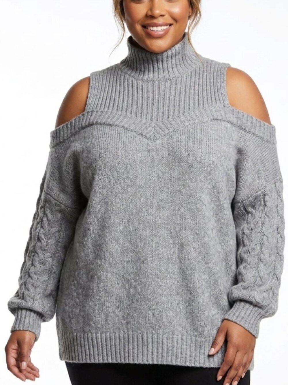 Gray Cold Shoulder Cable Knit Mock Neck Oversized Sweater 2XL Coquette Grunge